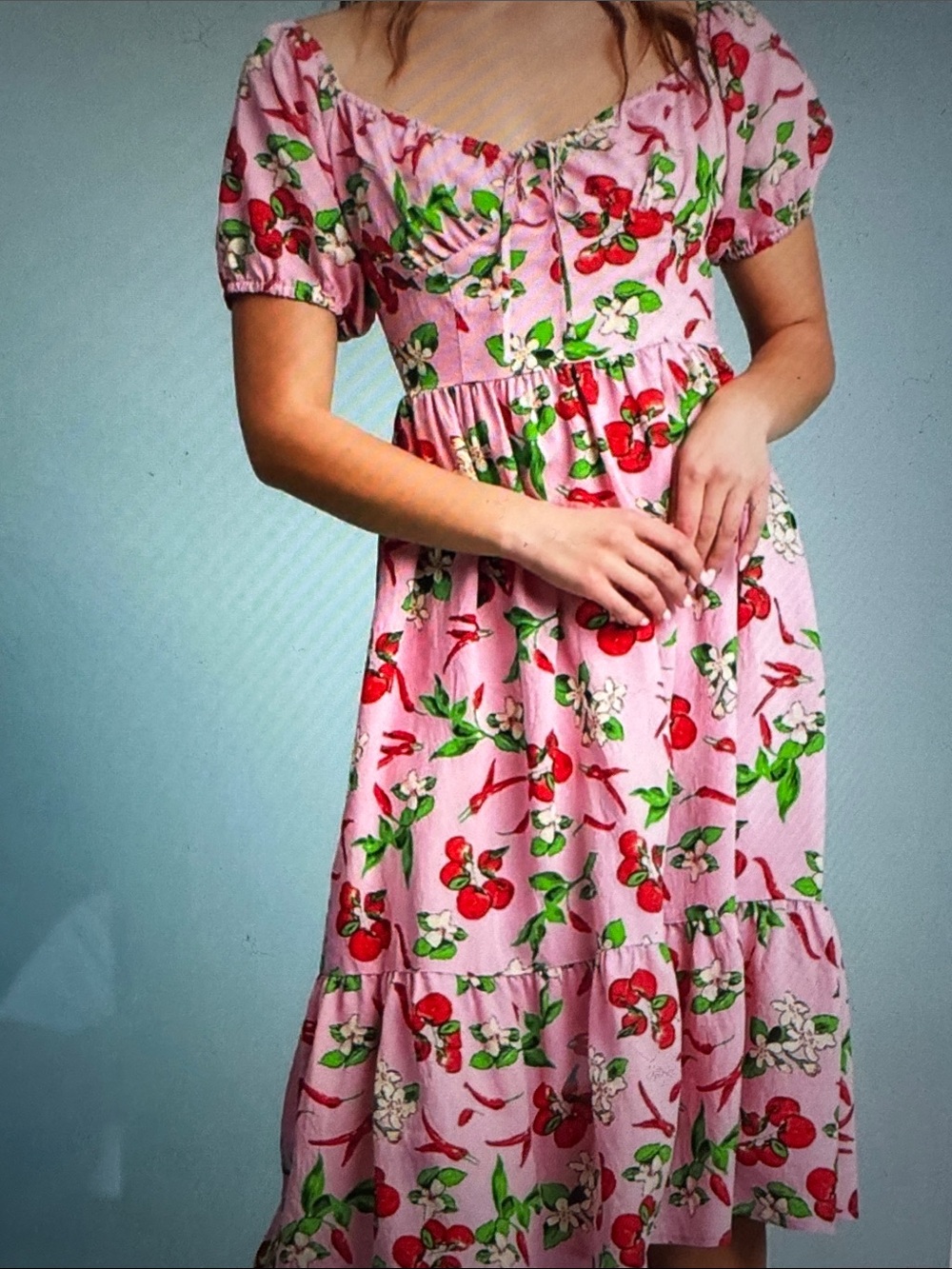 NEW Umgee Cherry Print Midi Dress Womens L Pink Floral Puff sleeve smocked